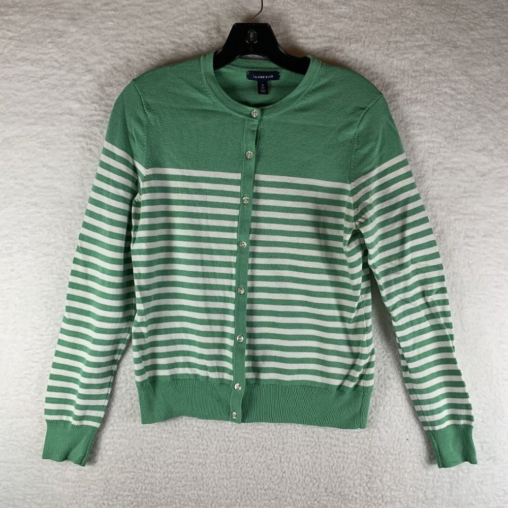 Lands' End Sweater Women's Small (6-8) Green/White Striped Stretch Cardigan 7499